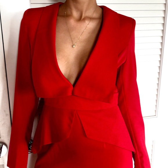 Missguided Red Plunge Front Tailored Suit Dress - Picture 2 of 8